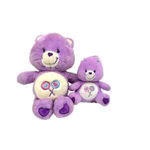 Lot of 2 VTG Care Bears Share Bear 13" & 8" Plush Heart & Lollipops, 2002 & 03